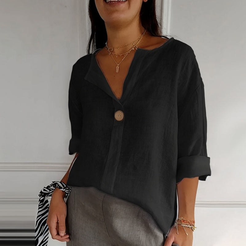 🌞Frühlingserwachen: 50% Rabatt!✨Damen Lockeres Baumwoll-Leinen V-Ausschnitt Shirt – Atmungsaktiv, Schmeichelhaft & Vielseitig