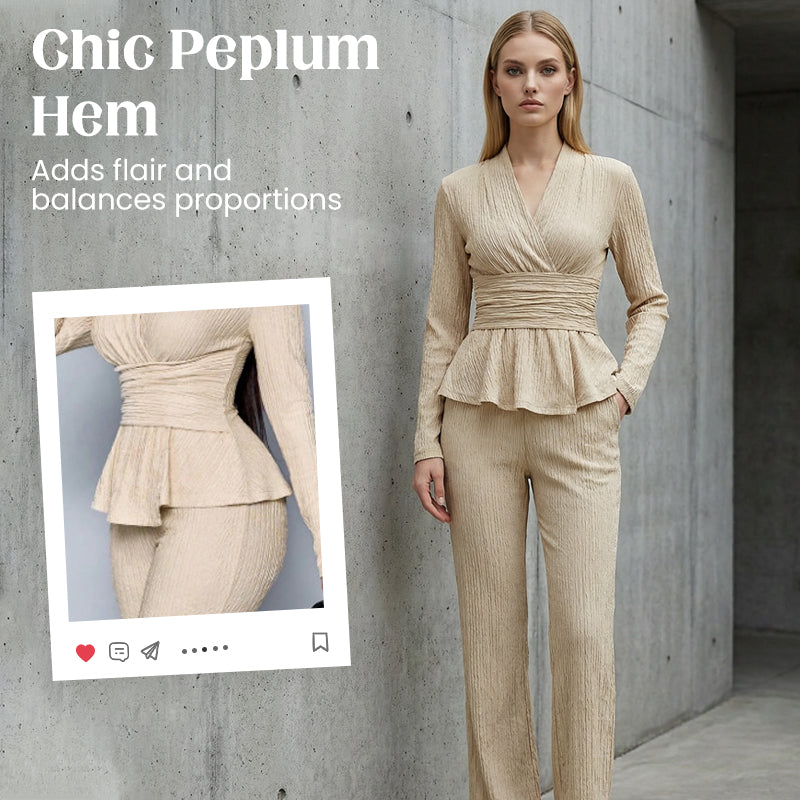 🌞Frühlingserwachen: 50% Rabatt!✨Damen 2-teiliges Peplum-Set – Crossover-V-Ausschnitt & Wickelgürtel, Strukturierter Stoff für Sanduhr-Silhouette