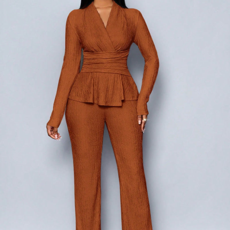 🌞Frühlingserwachen: 50% Rabatt!✨Damen 2-teiliges Peplum-Set – Crossover-V-Ausschnitt & Wickelgürtel, Strukturierter Stoff für Sanduhr-Silhouette