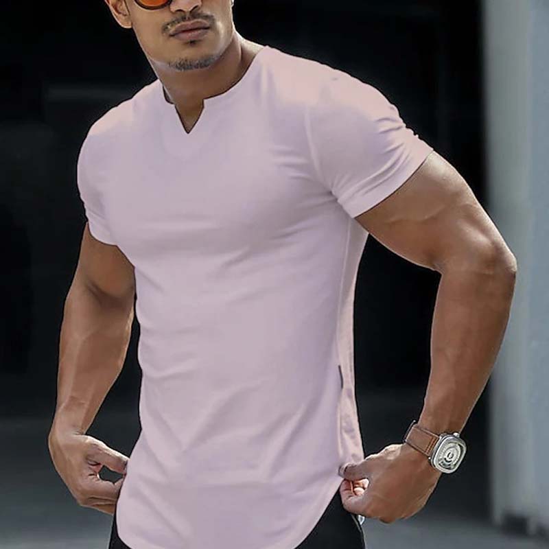 🌞Frühlingserwachen: 50% Rabatt!✨ Herren Lässiges Einfarbiges Athletic T-Shirt – Gekerbter V-Ausschnitt, Slim Fit & Stretch-Stoff für Kraftvolle Silhouette