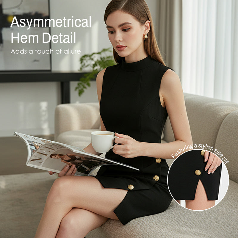 🌞Frühlingserwachen: 50% Rabatt!Elegantes High-Neck Minikleid: Figurbetontes Kleid mit Goldknöpfen & Cut-Out Rücken