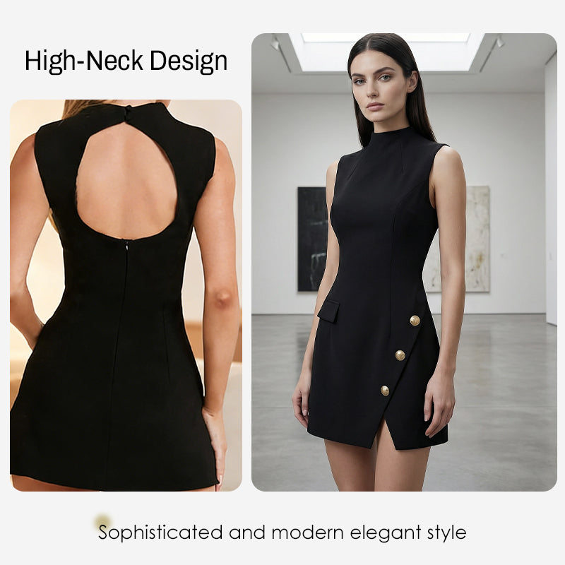 🌞Frühlingserwachen: 50% Rabatt!Elegantes High-Neck Minikleid: Figurbetontes Kleid mit Goldknöpfen & Cut-Out Rücken