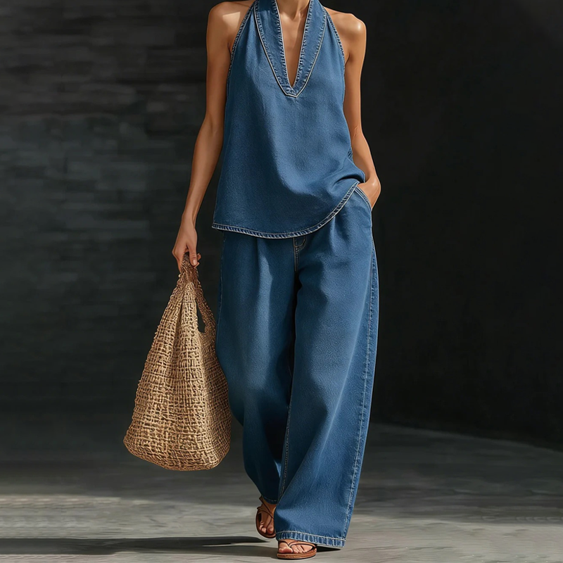 🌞Frühlingserwachen: 50% Rabatt!"Effortless Chic" Zweiteiler: Elegantes Neckholder-Top & weite Hose mit Taschen