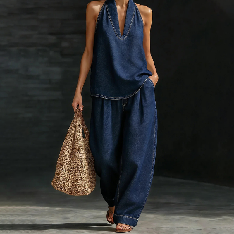 🌞Frühlingserwachen: 50% Rabatt!"Effortless Chic" Zweiteiler: Elegantes Neckholder-Top & weite Hose mit Taschen