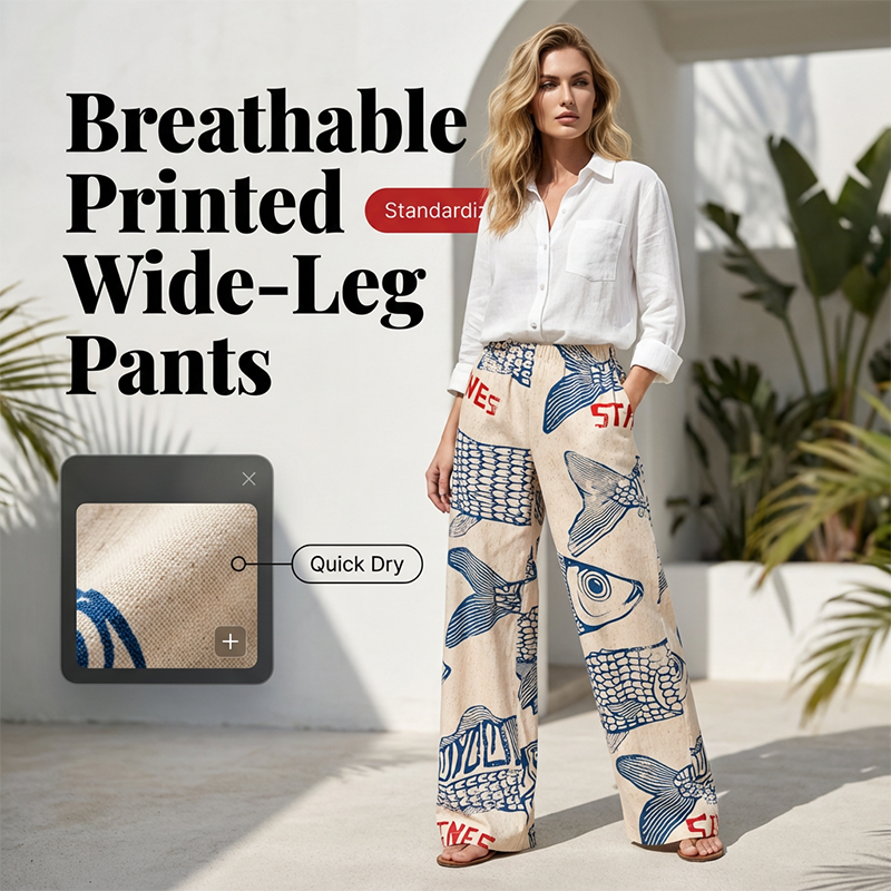 Women's Artistic Fish Print Wide-Leg Pants